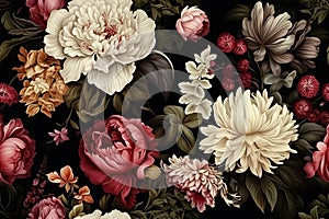 Luxurious, detailed floral pattern with variety of realistic flowers, set against dark background, creating an elegant