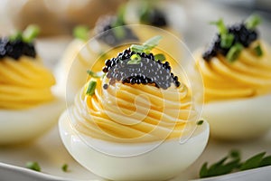 Luxurious deviled eggs with caviar and fresh chives - a gourmet culinary delight