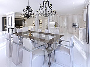 Luxurious dining room with dining table and designer chairs.