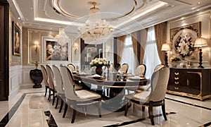 A Luxurious Dining Room Exuding Opulence And Sophistication, With The Camera Angle Emphasizing The Grandeur Of The . Generative AI