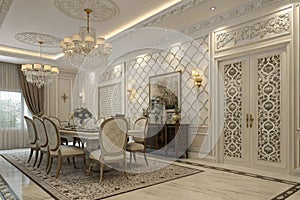Luxury dining room interior with white patterned wall