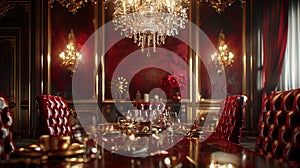 Luxurious dining room with a grand chandelier, red tufted chairs, and elegant tableware