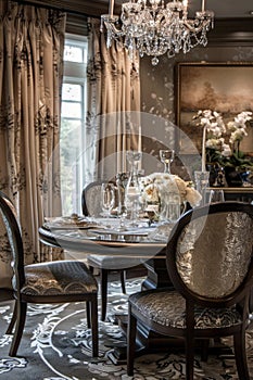 Luxurious dining room interior with ornate ceiling and elegant table setting