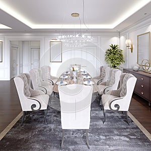 Luxurious dining room with a large table and soft chairs in a classic apartment