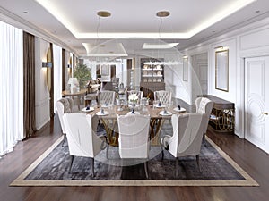 Luxurious dining room with a large table and soft chairs in a classic apartment