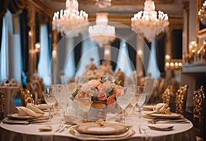 a luxurious dining room with a large white table adorned with golden cutlery