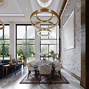 Luxurious dining room next to a large window with a beautiful view and a large marble table and soft quilted chairs