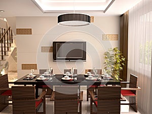A luxurious dining room with table