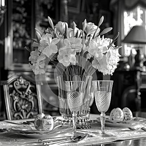 A luxurious dining room table set in black and white, adorned with exquisite decor and elegant dinnerware