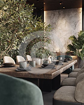 Luxurious dining table setting in a biophilic restaurant design photo