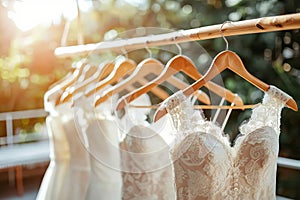 Luxurious display of elegant white bridal gowns on hangers in upscale boutique for weddings