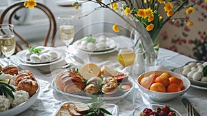 Luxurious easter brunch in elegant setting with delicious food, captured in high quality stock image photo