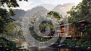 A luxurious ecolodge nestled in the heart of a lush untouched rainforest offering guests an immersive and sustainable photo