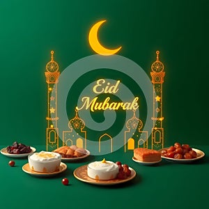 Luxurious Eid Mubarak greeting post with glowing mosque and crescent moon. photo