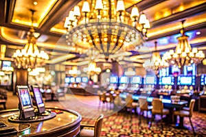 Blurred View of an Elegant Casino Interior with Luxurious Chandeliers, Slot Machines, and a Bar Counter photo