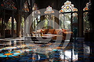 A luxurious and elegant room blending Gothic architectural elements with Moroccan aesthetics. The vibrant stained glass windows,