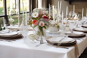 Luxurious elegant table setting with white dishes and flowers. Dining table for a celebration, banquet or wedding reception