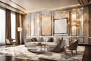 A luxurious empty frame mockup in a high-end hotel suite, adding opulence to the room\'s decor photo