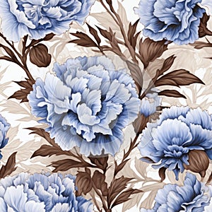 Luxurious Fabrics: Blue And Brown Carnations On White Background
