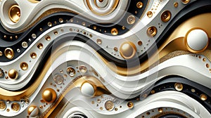 luxurious fashion patterns, luxurious black, white, and gold swirls with gold spheres on black resemble an elegant photo