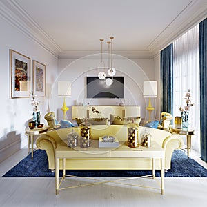 Luxurious fashionable living room with yellow upholstered furniture and blue carpet and decor, white walls