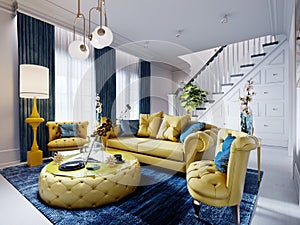 Luxurious fashionable living room with yellow upholstered furniture and blue carpet and decor, white walls