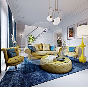 Luxurious fashionable living room with yellow upholstered furniture and blue carpet and decor, white walls
