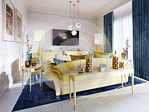 Luxurious fashionable living room with yellow upholstered furniture and blue carpet and decor, Yellow console with decor