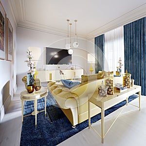 Luxurious fashionable living room with yellow upholstered furniture and blue carpet and decor, Yellow console with decor