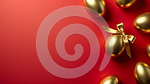 Golden Harvest: Easter Eggs and Bow on Ruby Red Surface (Generated using AI)