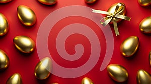 Golden Harvest: Easter Eggs and Bow on Ruby Red Surface (Generated using AI)