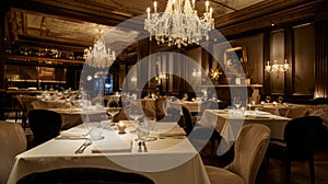 Elegant Fine Dining Restaurant Interior With Chandeliers in Evening photo