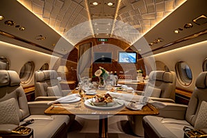 Luxurious first-class cabin with personal service and gourmet dining on passenger airplane