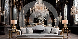 luxurious five-star hotel lobby with a grand crystal chandelier, marble flooring, and opulent furniture