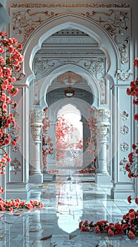 Luxurious floral corridor in an arabesque palace, perfect for opulent settings. End of Eid al-Fitr.