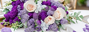 Luxurious flower bouquet on lilac covered laid table at wedding reception. Generative AI