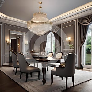 A luxurious formal dining room with a grand chandelier and upholstered chairs2