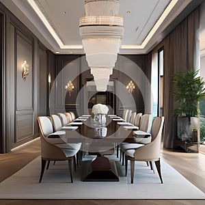 A luxurious formal dining room with a long wooden table and crystal chandelier1