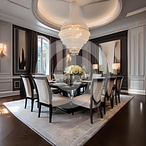 A luxurious formal dining room with a long wooden table and crystal chandelier3