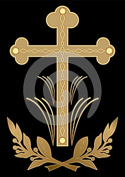 Luxurious funereal decoration, golden cross with flourish motif on black background. Christian burial symbol.