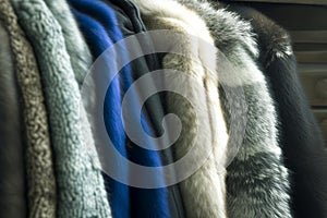 Luxurious fur coat display Close up of mink fur in store