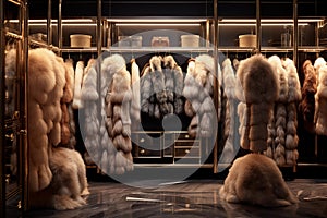 Luxurious fur coats hanging in opulent walk-in closet. Generative AI