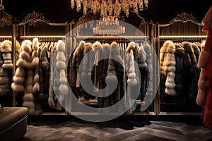 Luxurious fur coats hanging in opulent walk-in closet. Generative AI