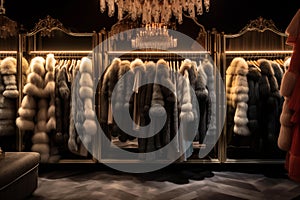 Luxurious fur coats hanging in opulent walk-in closet. Generative AI photo