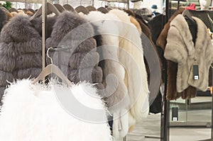 Luxurious fur coats for women in different colors hanging on sal