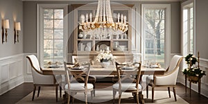 Luxurious furnished dining room, glamour dining area, elegant interior design