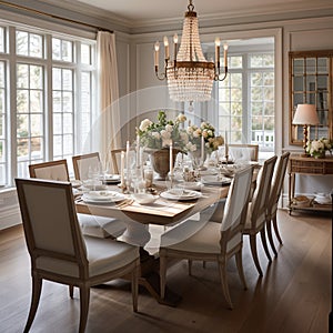 Luxurious furnished dining room, glamour dining area, elegant interior design