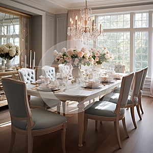 Luxurious furnished dining room, glamour dining area, elegant interior design