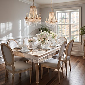 Luxurious furnished dining room, glamour dining area, elegant interior design