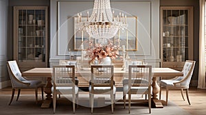 Luxurious furnished dining room, glamour dining area, elegant interior design